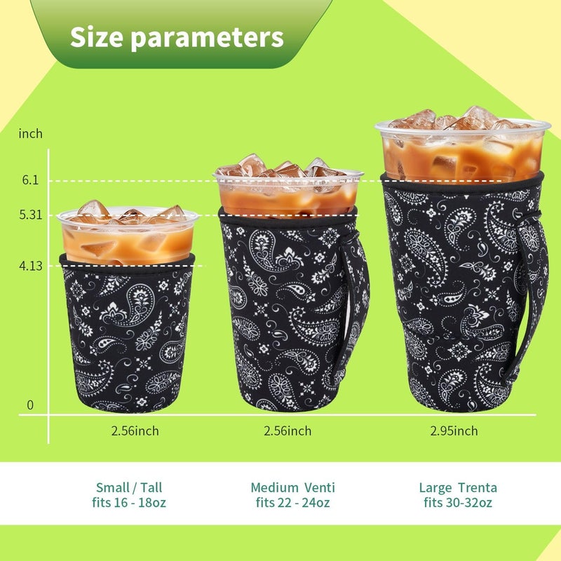 Snowso 3 Pack Iced Coffee sleeve Insulated Neoprene Cup Sleeves with handle For Cold Drinks Beverages, Reusable Cup Holder for 16oz-32oz Coffee Cups (Black Paisley) - Image 2